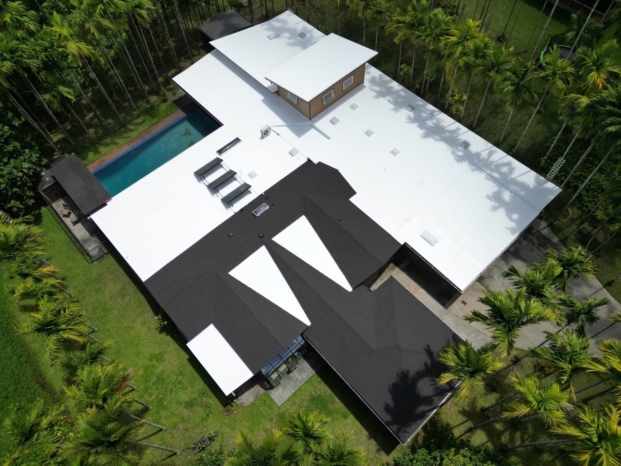 Aerial view of modern house with white roof and pool surrounded by palm trees.